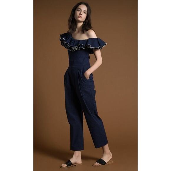 Sea New York Navy Blue Carmen One-shoulder Ruffle Jumpsuit Sz 10 - Picture 1 of 8